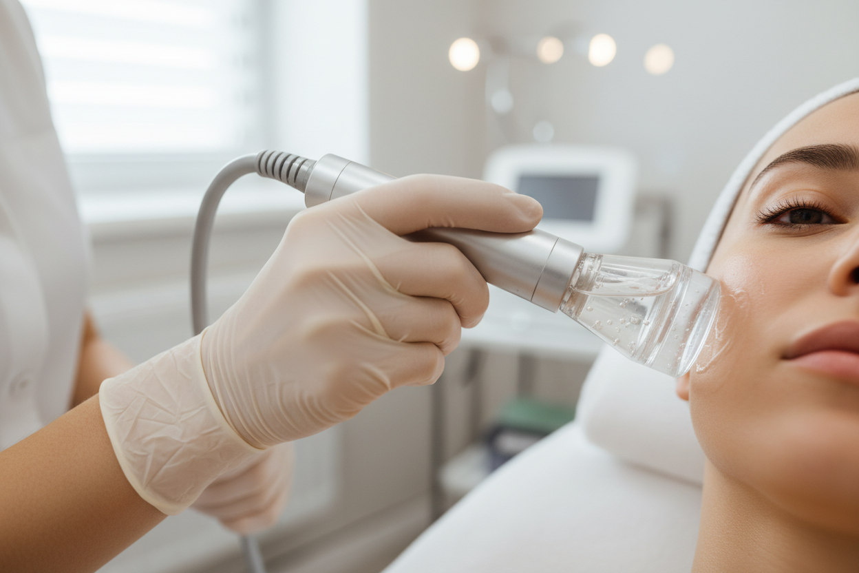 hydra facial close look up on customer and only hand of the professional holding and providing the hydrafacial