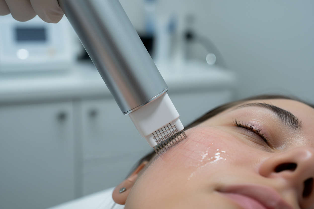 Nanofractional treatment providing on customer close on face only the device and customer face shown